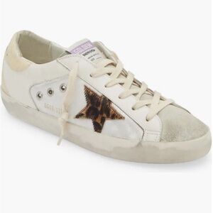 Golden Goose Women's Super Star White and Cream Sneakers with Leopard Star